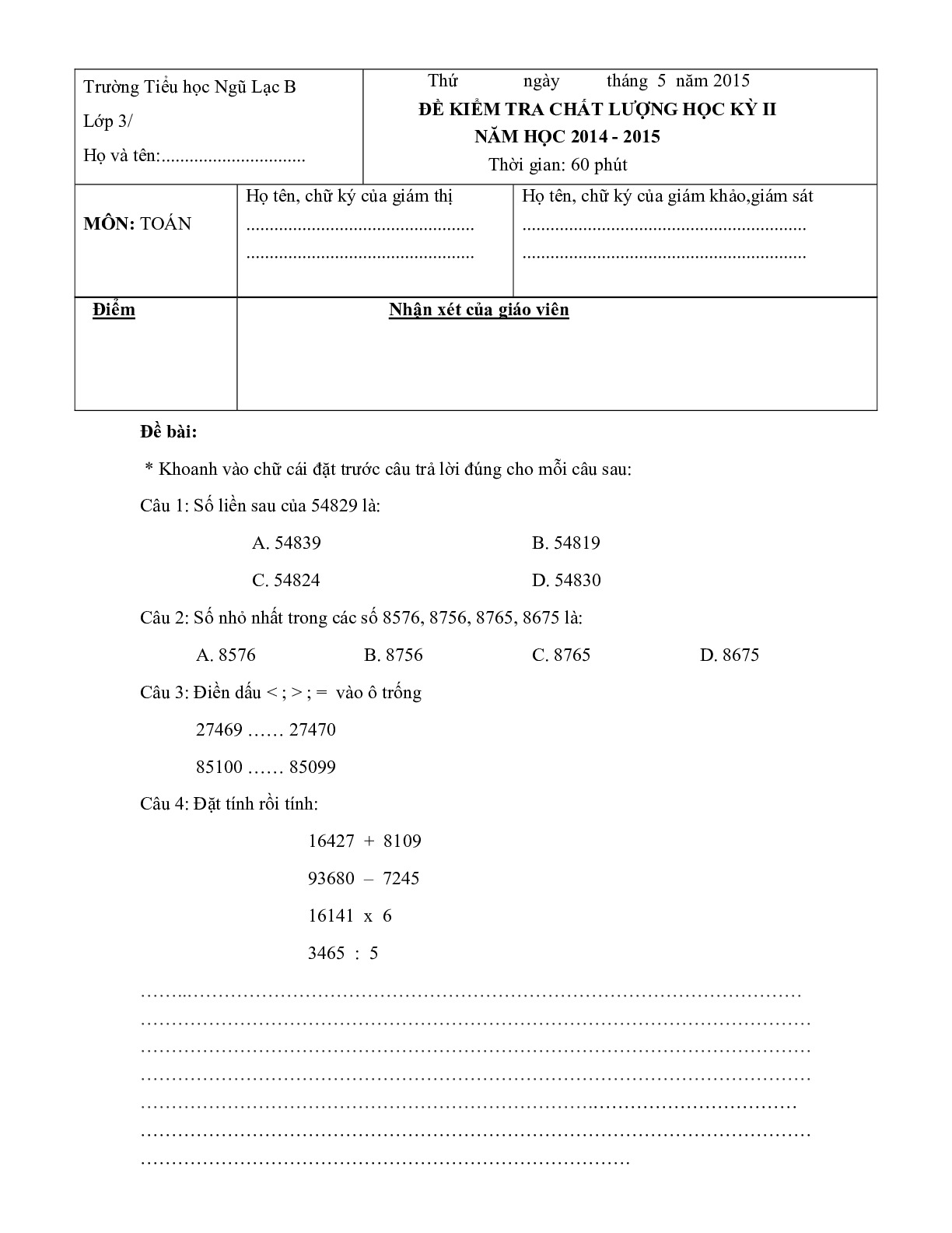 Toán 3 - Đề thi cuối HK2 Tiểu học Ngũ Lạc B năm 2014 - 2015