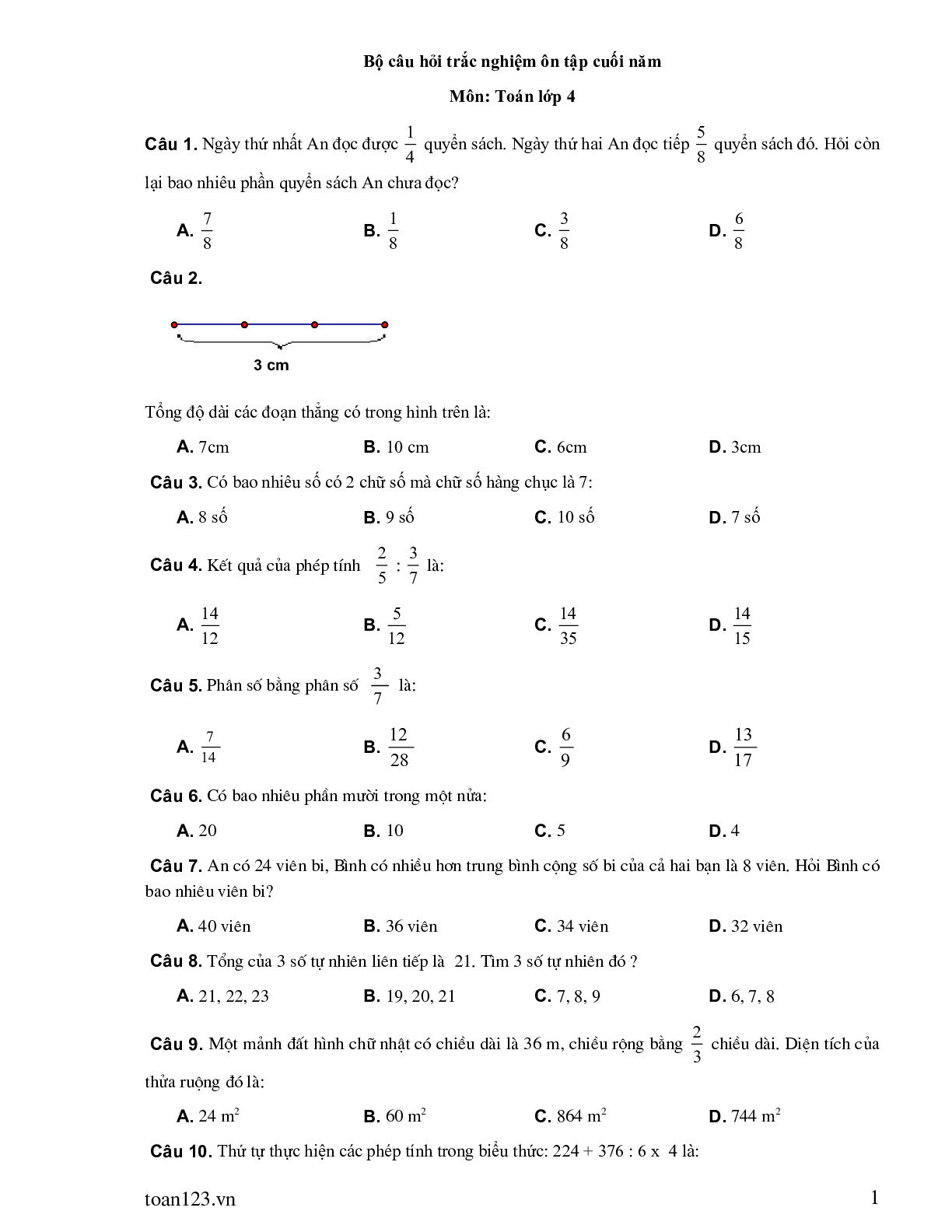 Toán 4 - Bộ câu hỏi trắc nghiệm cuối năm