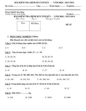 Toán 4 - Đề kiểm tra cuối HK1 có đáp án