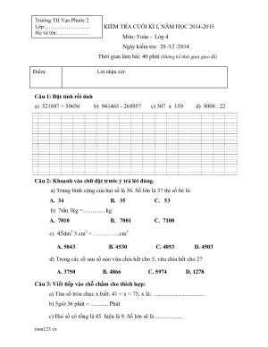 Toán 4 - Đề Kiểm tra cuối HK1 TH Vạn Phước 2 năm 2014 - 2015