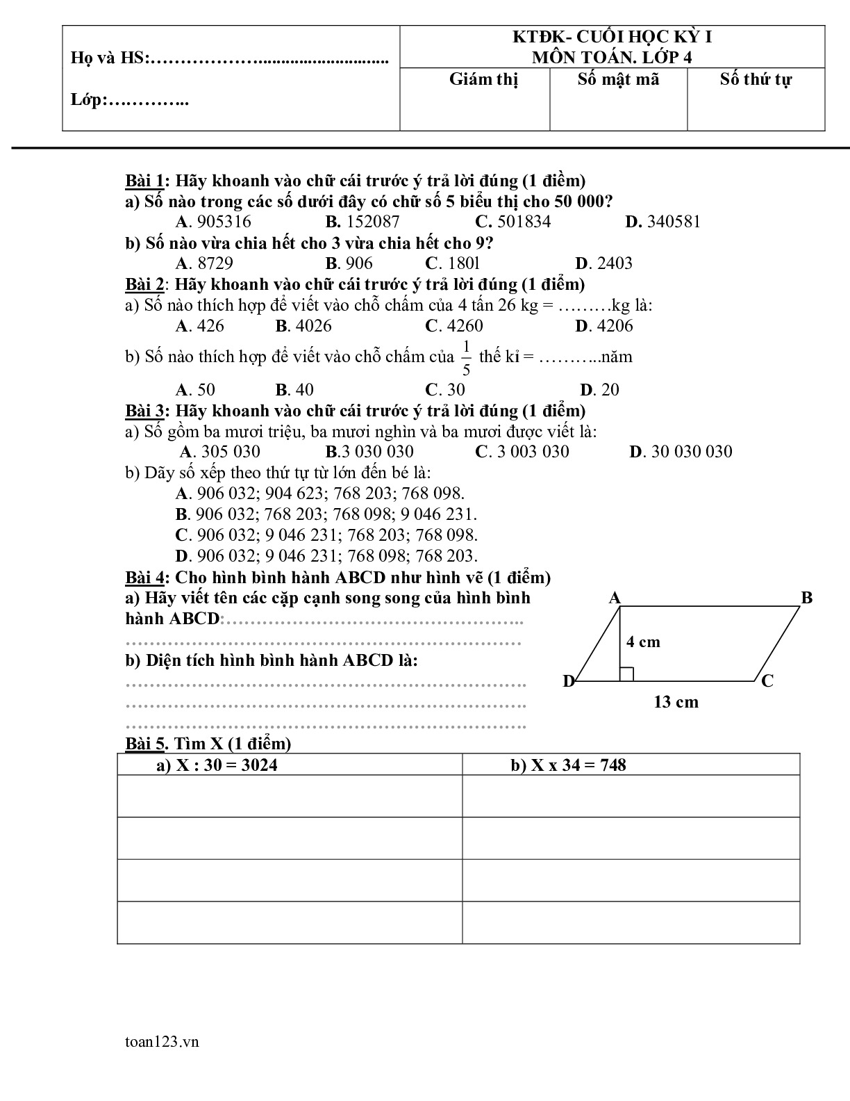 Toán 4 - Đề kiểm tra cuối HKI