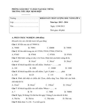 Toán 4 - Đề KSCL đầu năm có đáp án