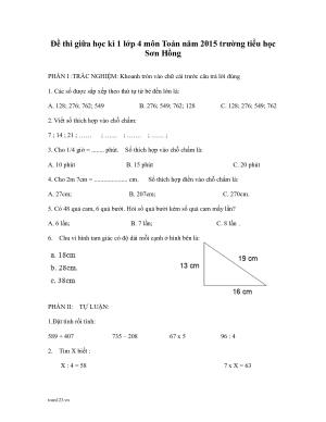 Toán 4 - Đề thi giữa HK1 TH Sơn Hồng năm 2015