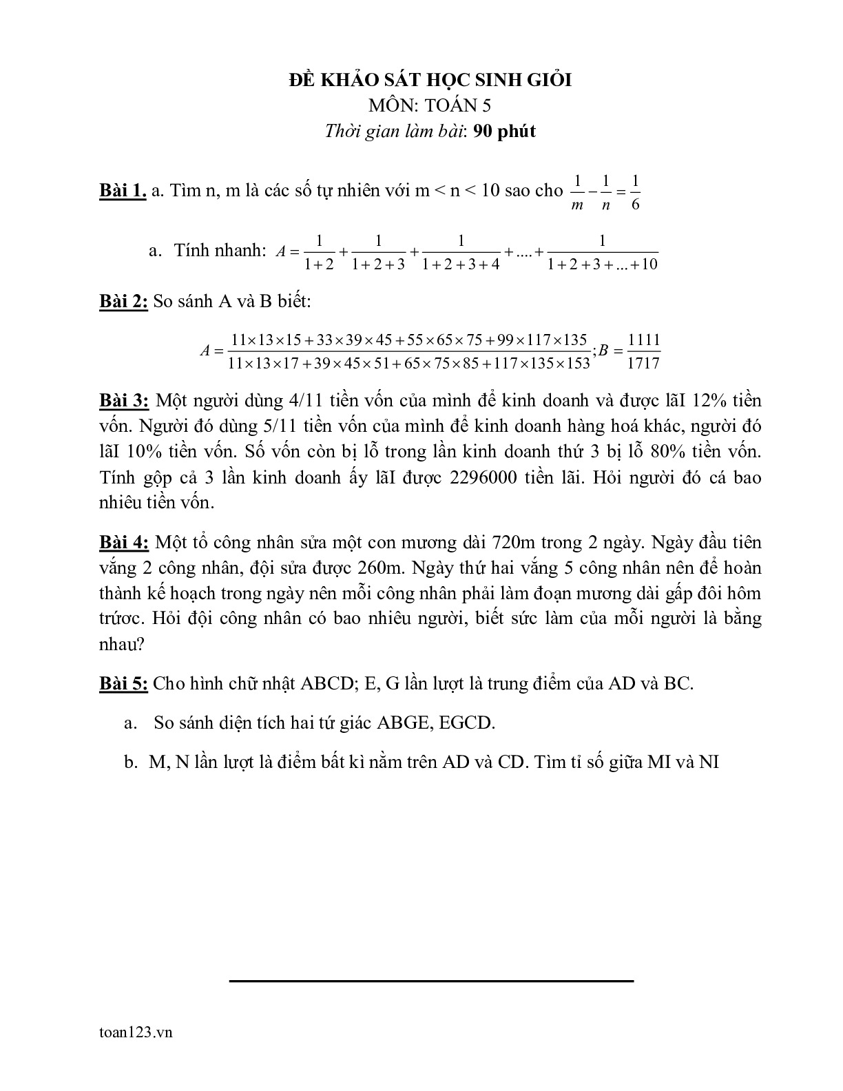 Toán 5 - Các đề khảo sát học sinh giỏi