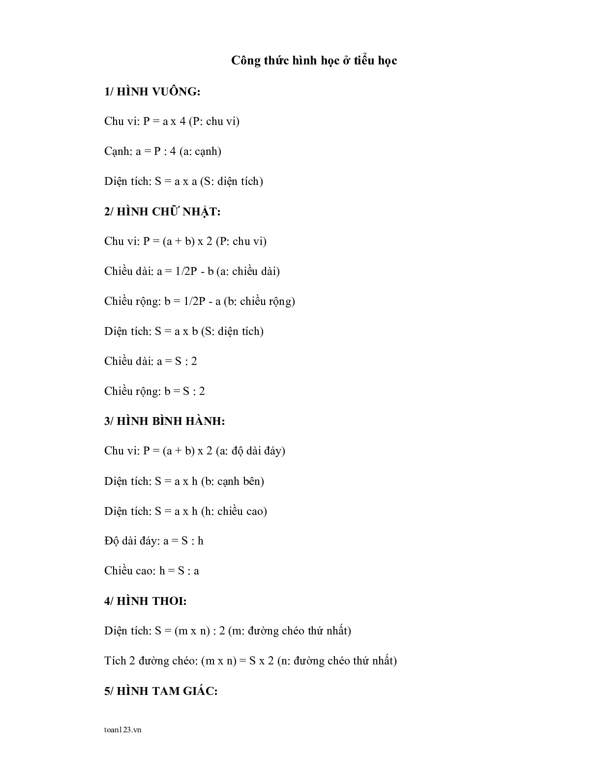 Toán 5 - Công thức hình học ở tiểu học