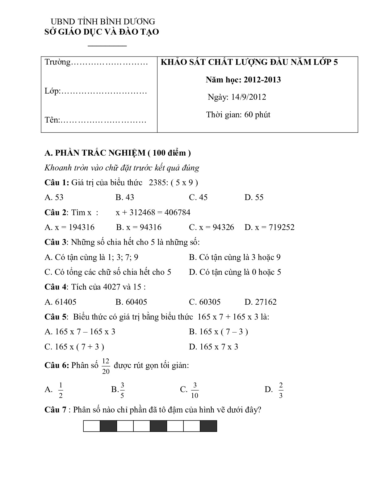 Toán 5 - Đề KSCL đầu năm Bình Dương