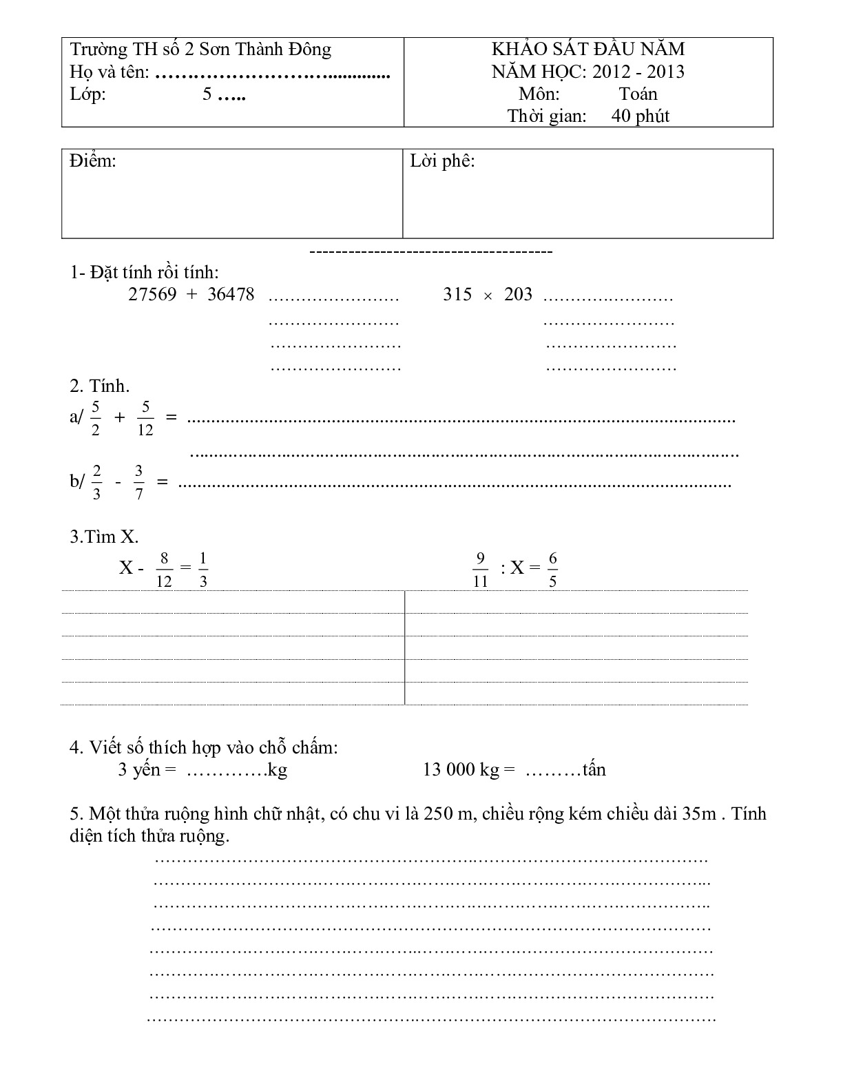 Toán 5 - Đề KSCL đầu năm TH Sơn Thành Đông năm 2013