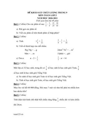 Toán 5 - Đề KSCL tháng 9 năm 2010 - 2011