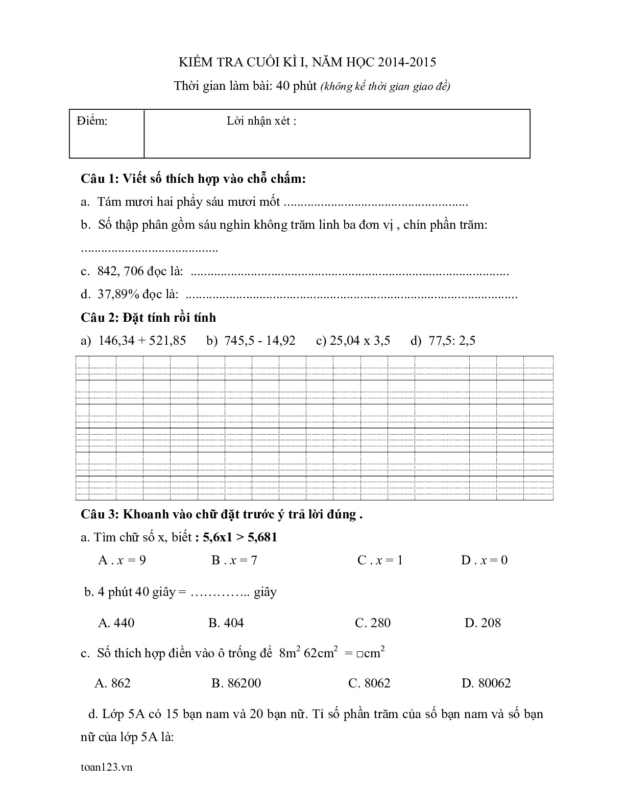 Toán 5 - Ôn tập HK1 phần 2