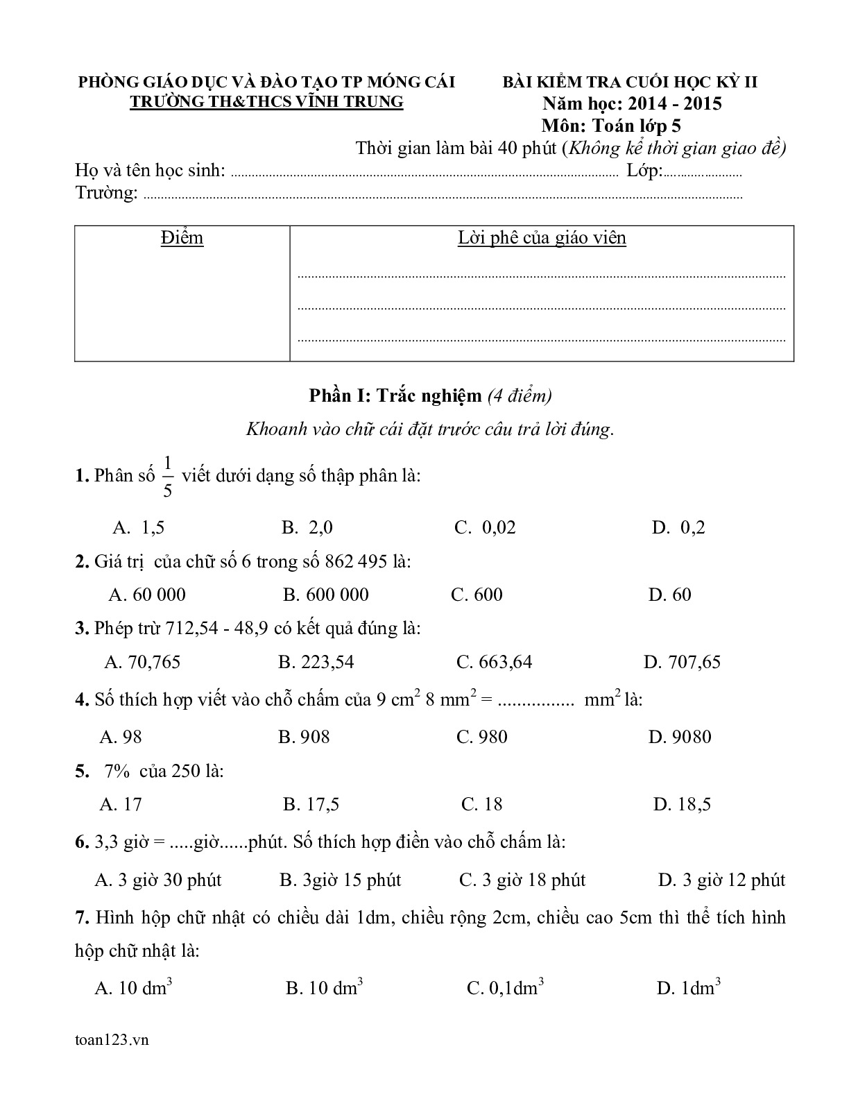 Toán 5 - Ôn tập HK2 phần 3