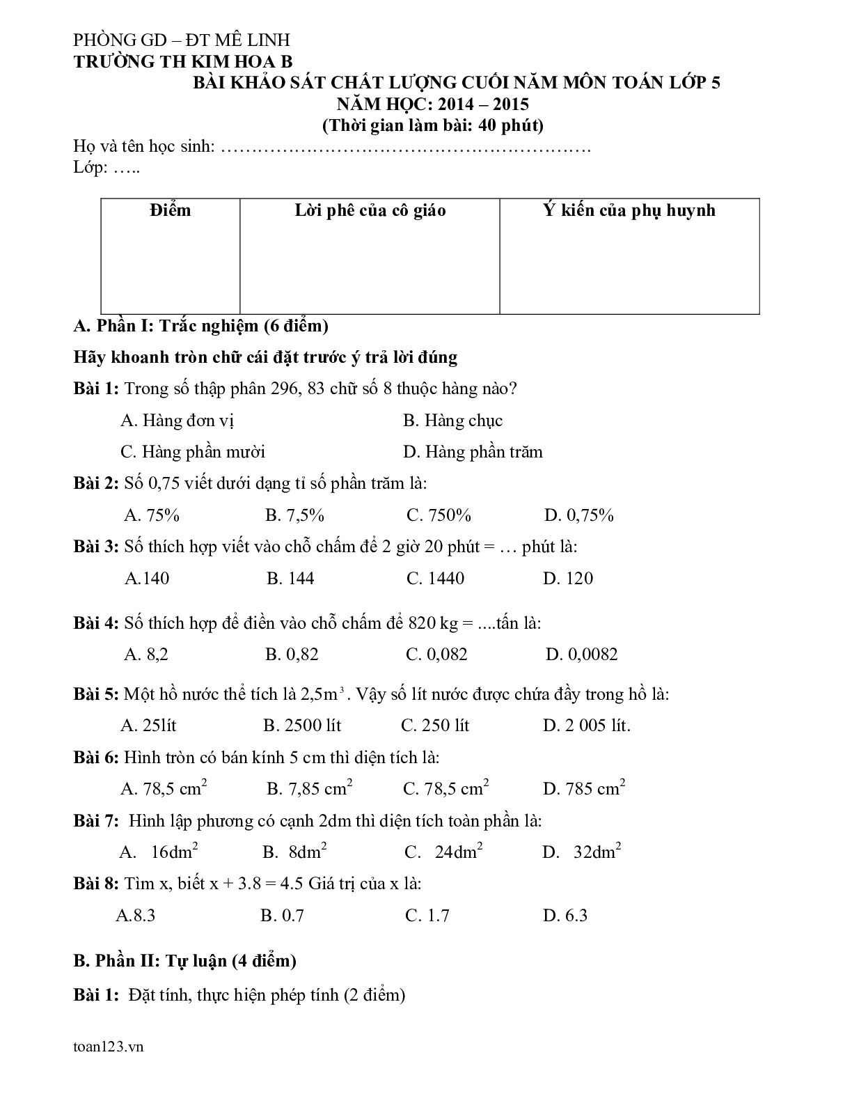 Toán 5 - Ôn tập HK2 phần 4