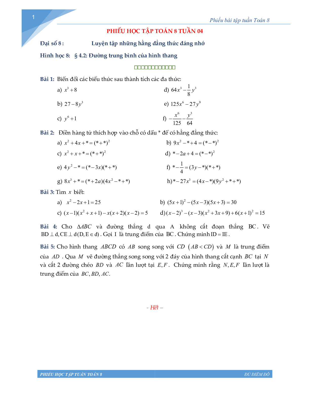 Toán 8 - Phiếu học tập tuần 4