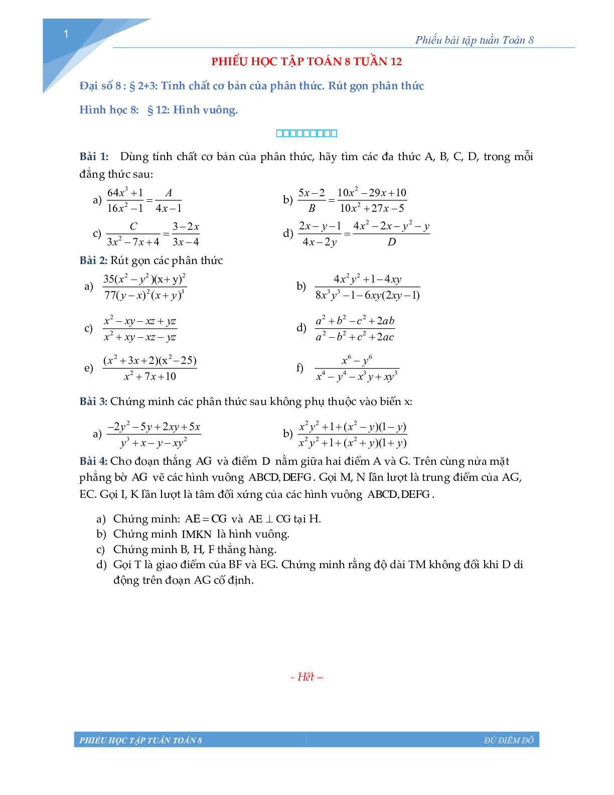 Toán 8 - Phiếu học tập tuần 12