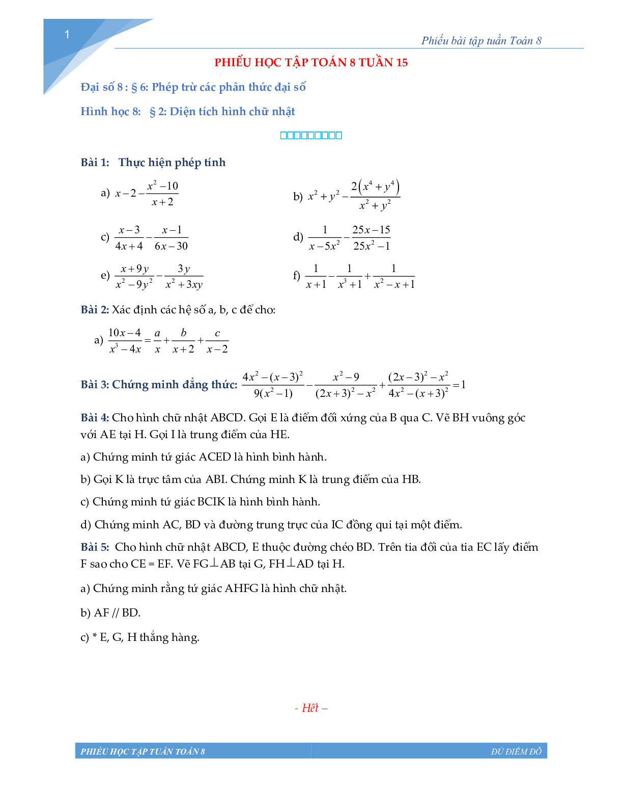 Toán 8 - Phiếu học tập tuần 15