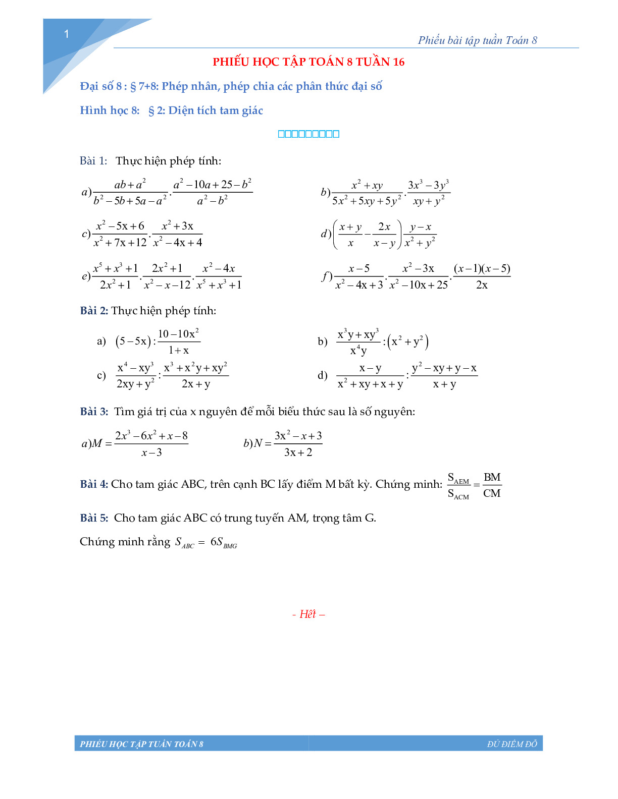 Toán 8 - Phiếu học tập tuần 16