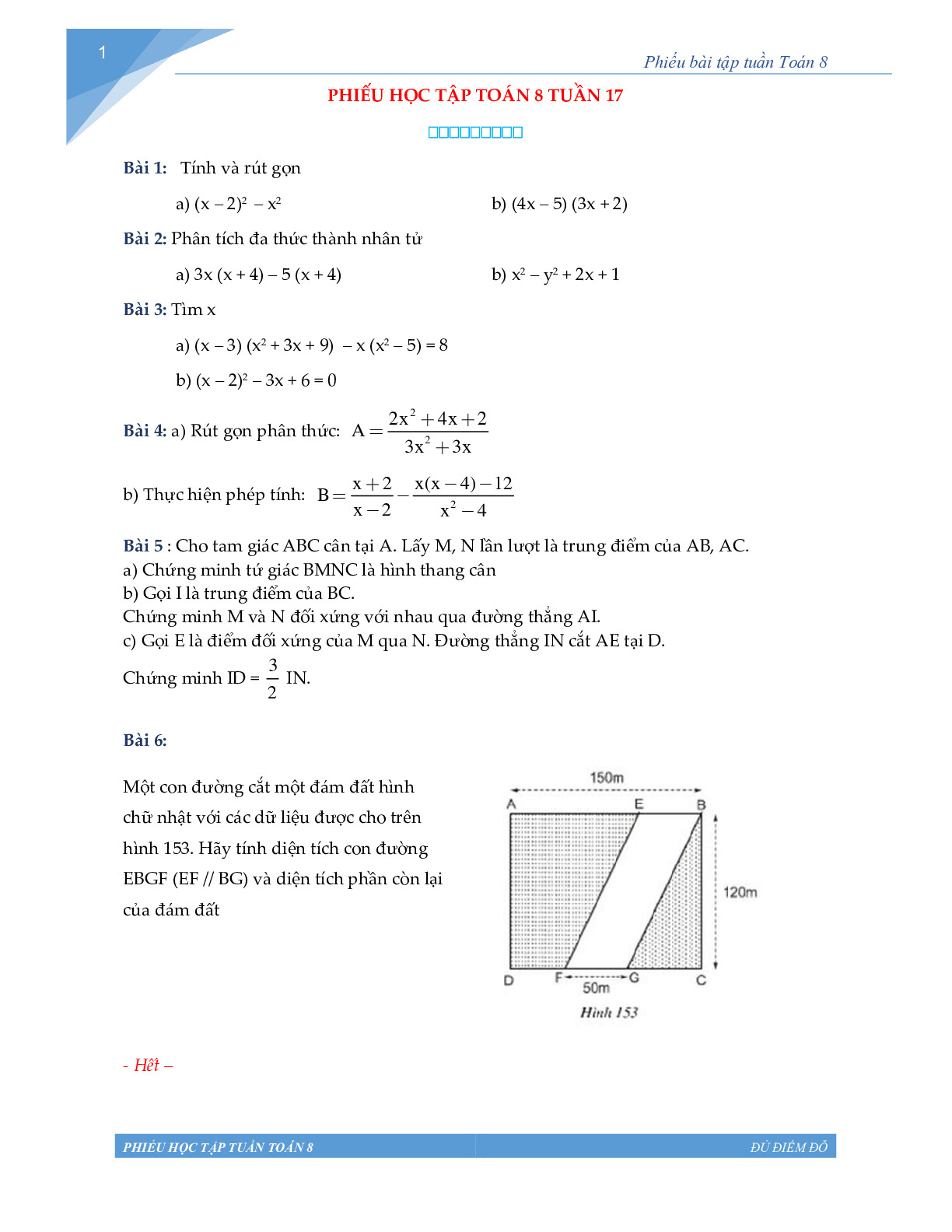 Toán 8 - Phiếu học tập tuần 17