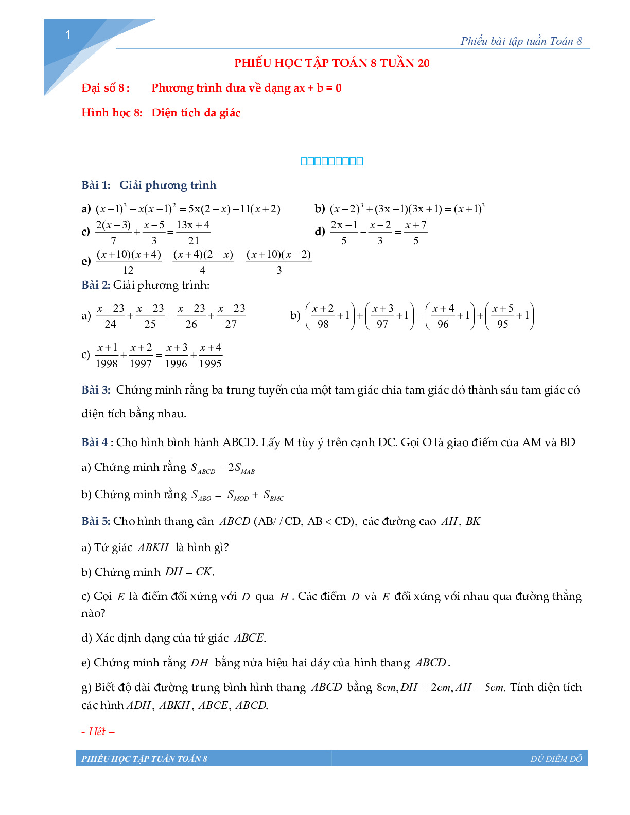 Toán 8 - Phiếu học tập tuần 20