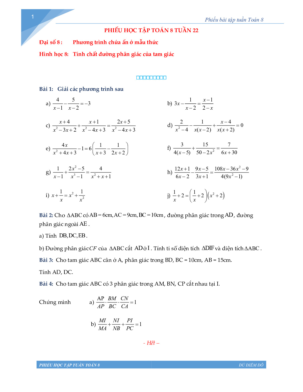 Toán 8 - Phiếu học tập tuần 22