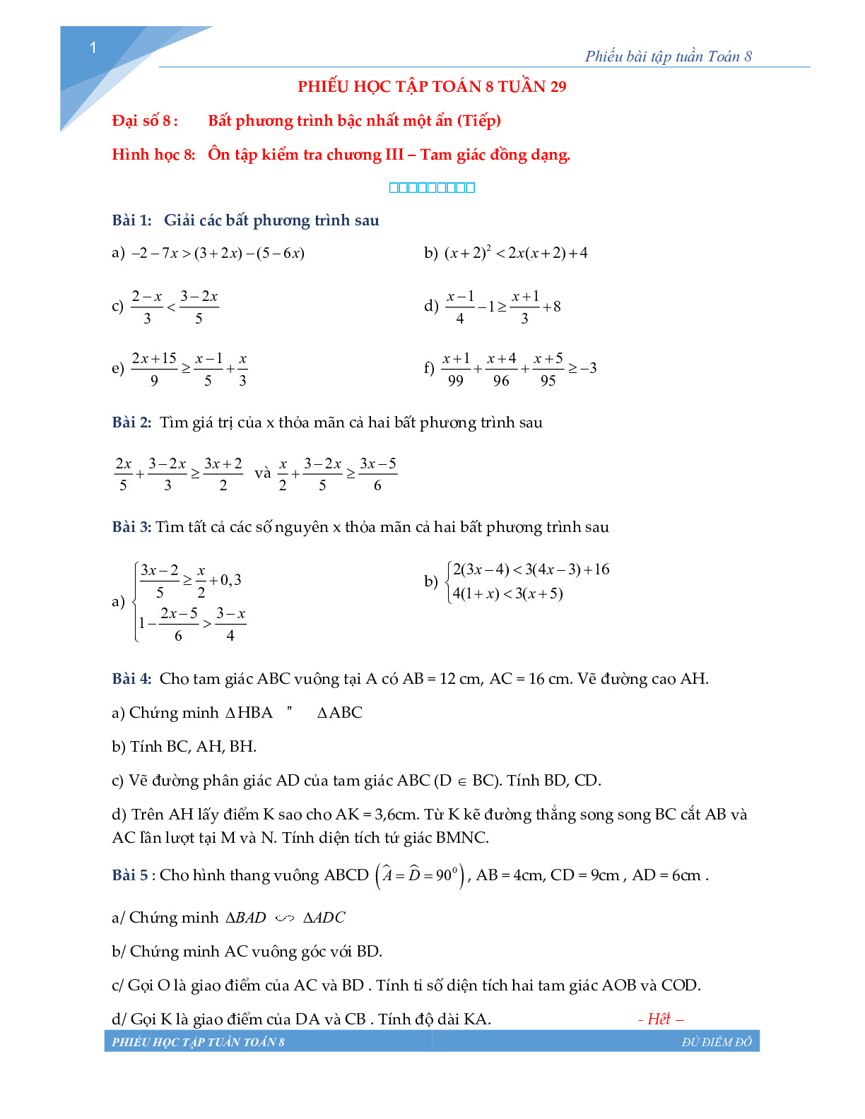 Toán 8 - Phiếu học tập tuần 29