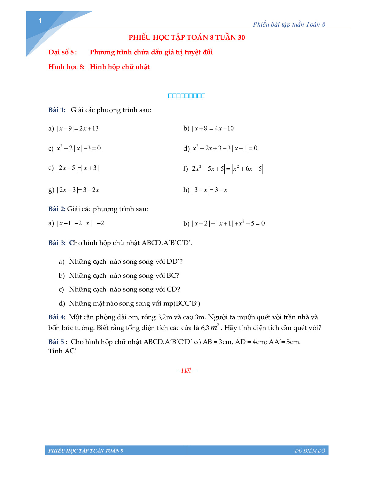 Toán 8 - Phiếu học tập tuần 30