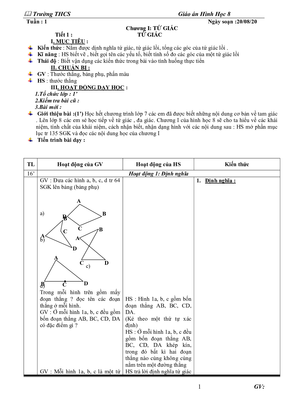 Toán 8 - Giáo án hình học 8 HK1