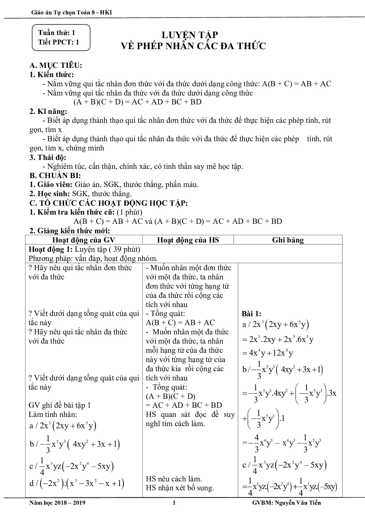 Toán 8 - Giáo án tự chọn HK1