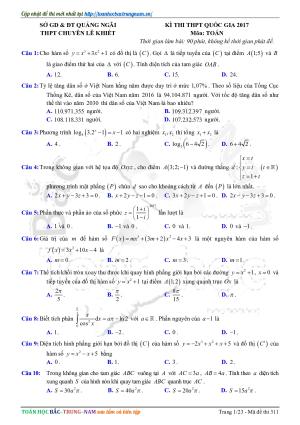 Toán 12 - Đề thi thử THPTQG 2017 Lê Khiết Quảng Ngãi đáp án chi tiết