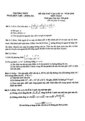 Đề thi thử vào 10(có đáp án) môn Toán Phan Huy Chú - Đống Đa - Hà Nội năm 2018