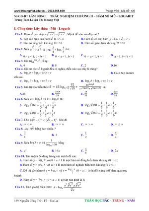 Toán 12 - 448 câu Hàm số Mũ - Loagrit