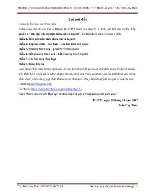 Toán 12 - Bài tập trắc nghiệm hàm mũ và logarit - Trần Duy Thúc