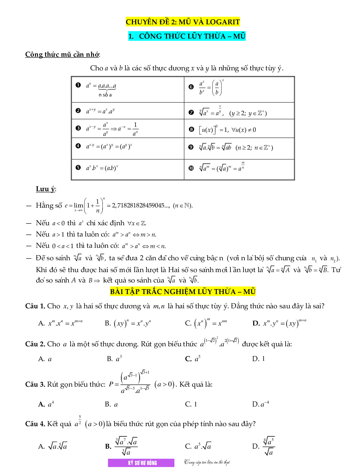 Toán 12 - CHUYÊN ĐỀ MŨ - LOGARIT