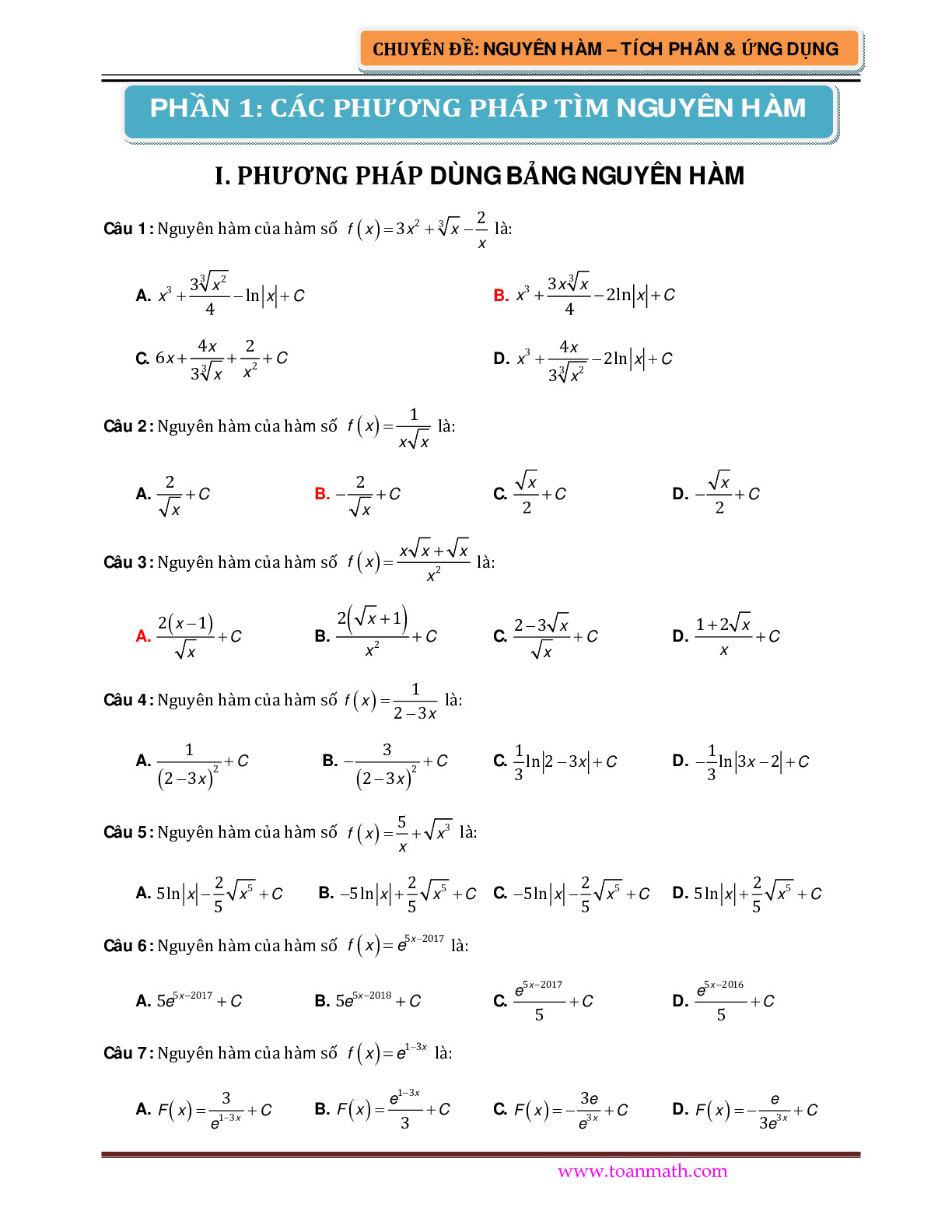 Toán 12 - Bài tập trắc nghiệm nguyên hàm, tích phân và ứng dụng - Giáp Minh Đức