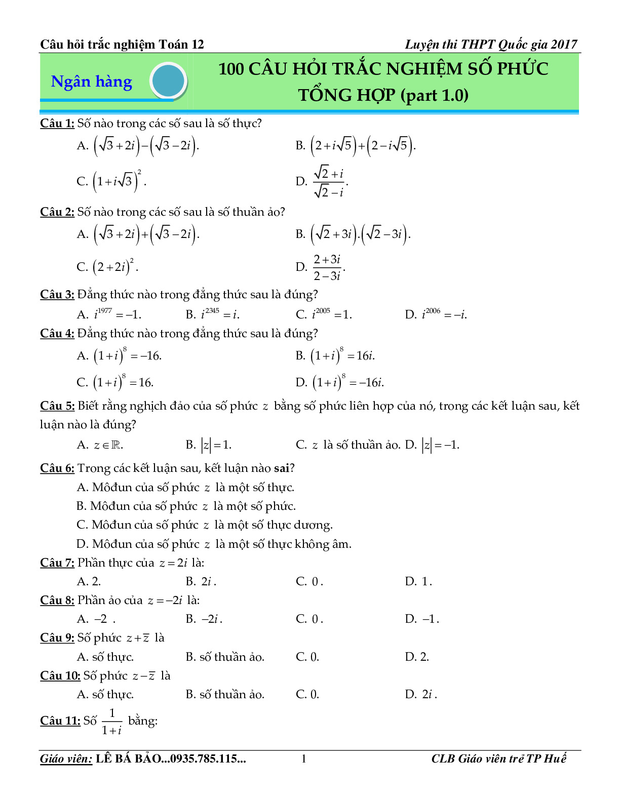 Toán 12 - 100 câu hỏi trắc nghiệm số phức tổng hợp - Lê Bá Bảo