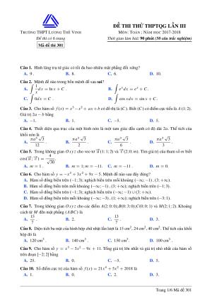 Đề thi thử (có đáp án chi tiết) môn Toán THPT Lương Thế Vinh lần 3 năm 2018