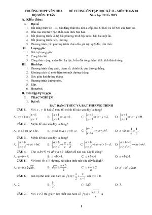 Toán 10 - Đề cương ôn tập HK2 năm 2018 – 2019 trường THPT Yên Hòa – Hà Nội