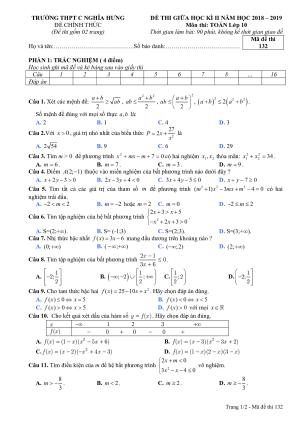 Đề thi giữa HKII Toán 10 năm 2018 – 2019 trường C Nghĩa Hưng – Nam Định
