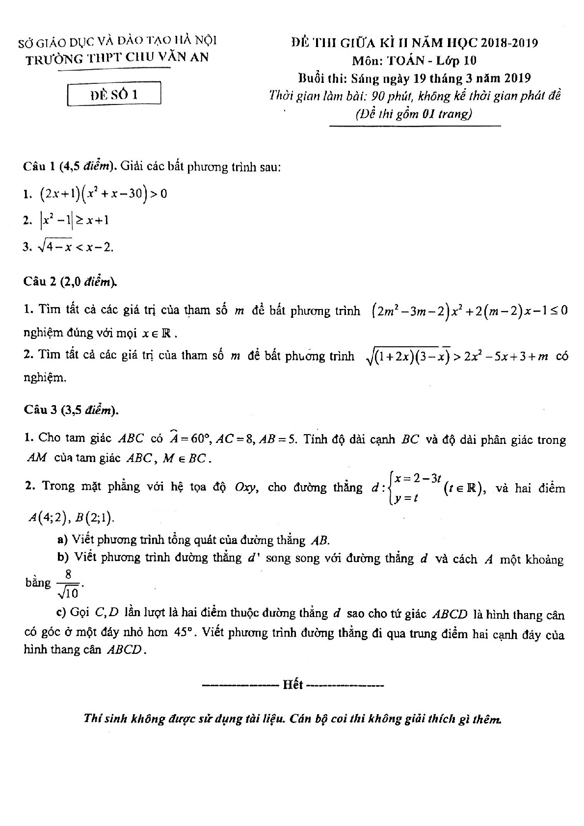 Đề thi giữa kì 2 Toán 10 năm 2018 – 2019 trường Chu Văn An – Hà Nội
