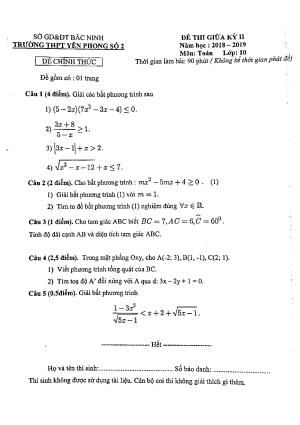 Đề thi giữa kì 2 Toán 10 năm 2018 – 2019 trường Yên Phong 2 – Bắc Ninh