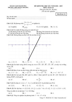 Đề thi HK1 Toán 10 năm 2018 – 2019 trường THPT Đoàn Thượng – Hải Dương