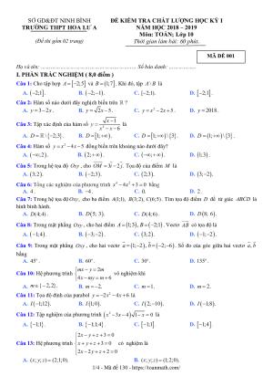 Đề thi HKI Toán 10 năm học 2018 – 2019 trường THPT Hoa Lư A – Ninh Bình