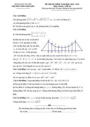 Đề thi Olympic Toán 10 năm 2018 – 2019 trường THPT Kim Liên – Hà Nội
