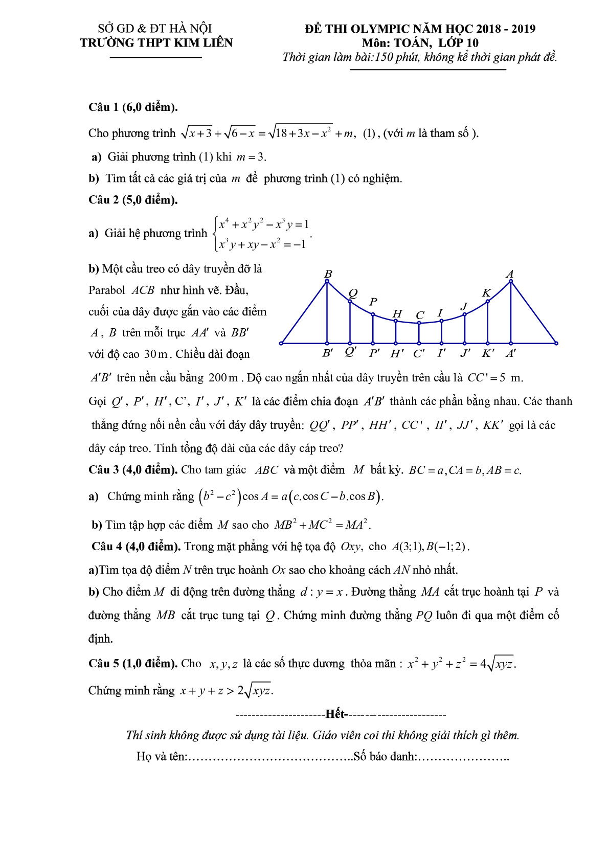 Đề thi Olympic Toán 10 năm 2018 – 2019 trường THPT Kim Liên – Hà Nội
