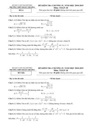 Toán 10 - Đề kiểm tra Đại số 10 chương 4 năm 2018 – 2019 trường Đoàn Thượng – Hải Dương