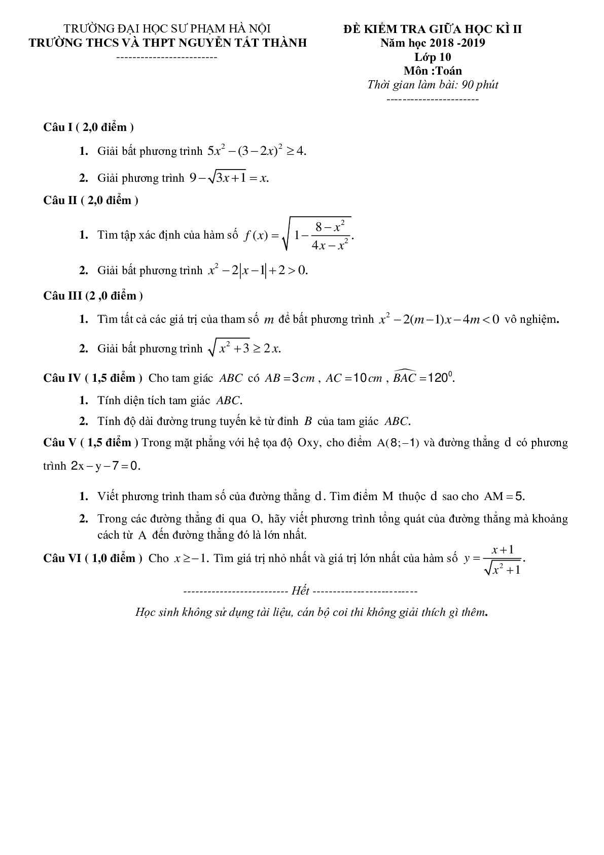 Toán 10 - Đề kiểm tra giữa học kỳ 2 năm 2019 trường Nguyễn Tất Thành – Hà Nội
