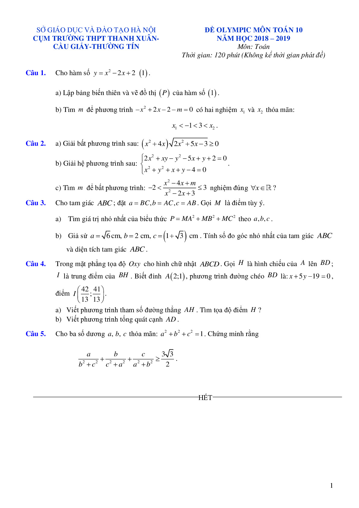 Toán 10 - Đề Olympic năm 2019 cụm THPT Thanh Xuân _ Cầu Giấy _ Thường Tín – Hà Nội