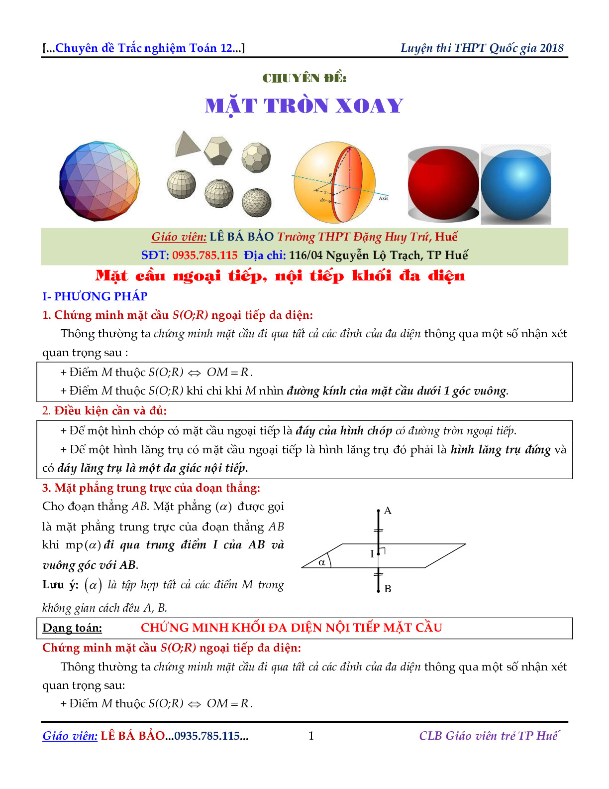 Toán 12 - Mặt cầu ngoại tiếp, nội tiếp khối đa diện - Lê Bá Bảo