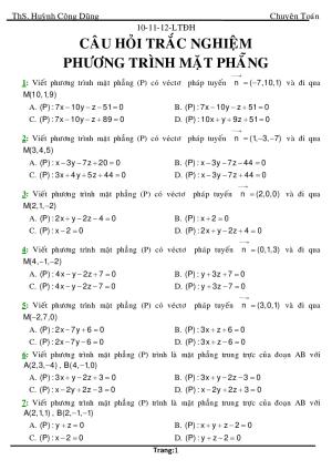 Toán 12 - 113 bài tập trắc nghiệm phương trình mặt phẳng - Huỳnh Công Dũng