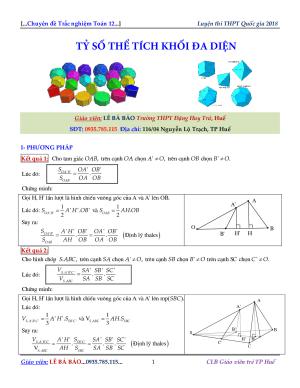 Toán 12 - Bài tập tỷ số thể tích khối đa diện - Lê Bá Bảo
