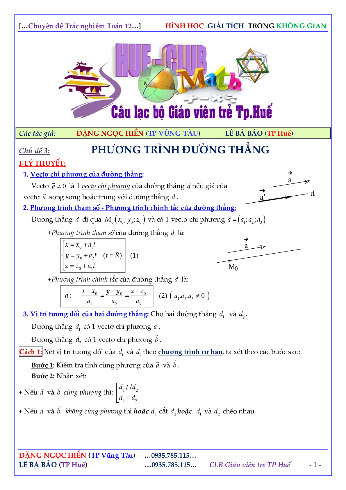 Toán 12 - Các dạng bài tập phương trình đường thằng trong không gian - Đặng Ngọc Hiền, Lê Bá Bảo