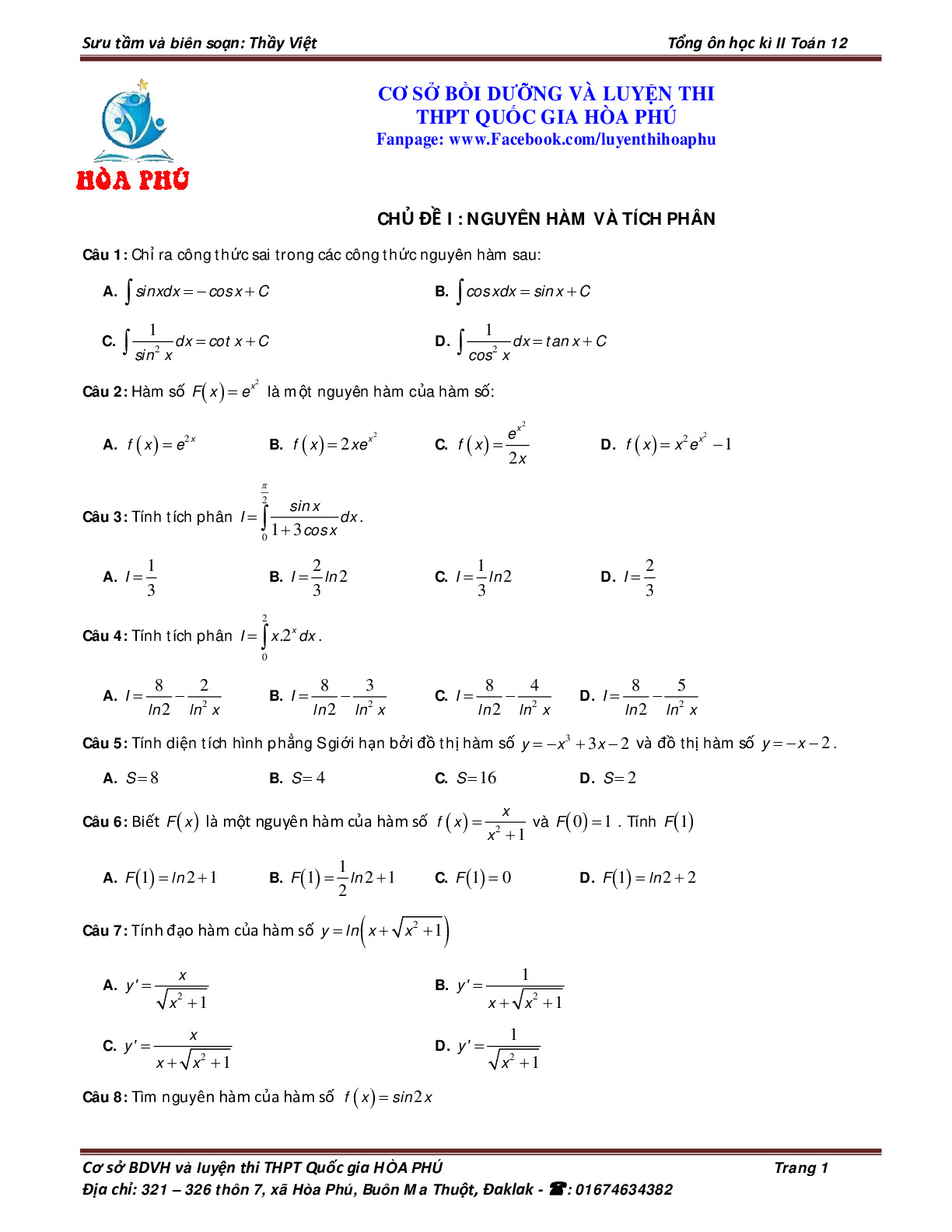 Toán 12 - 130 bài tập trắc nghiệm ôn tập học kỳ 2 môn Toán 12 - Nguyễn Quốc Việt